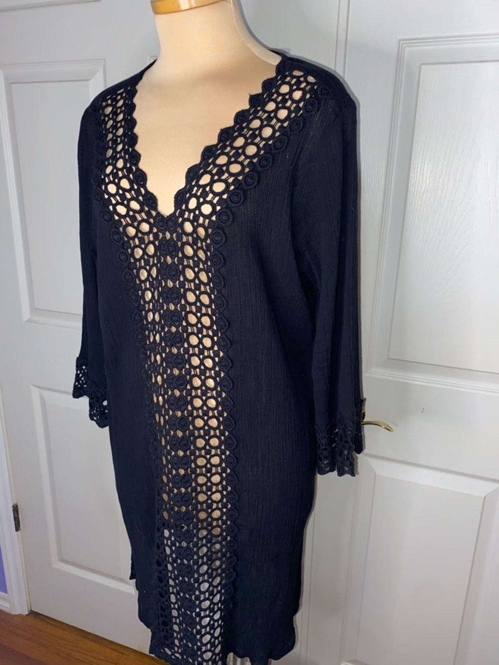 Black Crochet-Trim Swim Cover-Up Tunic Dress, Cotton
